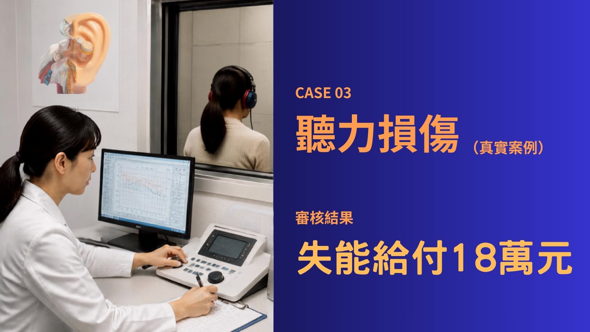 CASE 03 聽力損傷，勞保給付 18 萬元